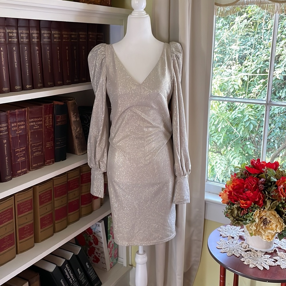 NWOT Hidden Brand Gold Sparkle Puff Sleeve Boutique Cocktail Dress Size Small